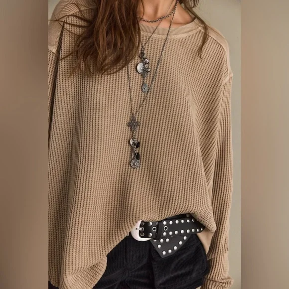 Free People FP One Blake Thermal Waffle Knit Patch Elbows Top Moon Rock Size S - Picture 2 of 8